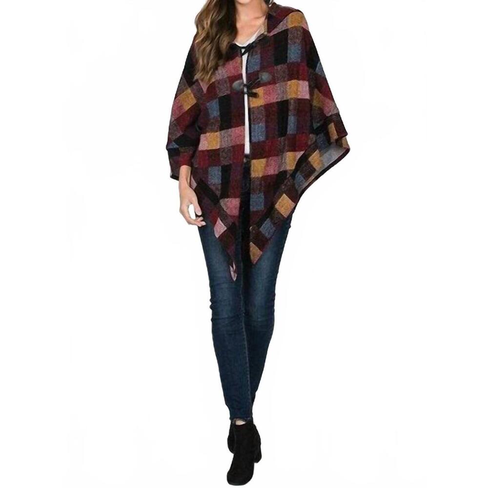 NEW STYLE USA cool nights hooded poncho in burgundy plaid